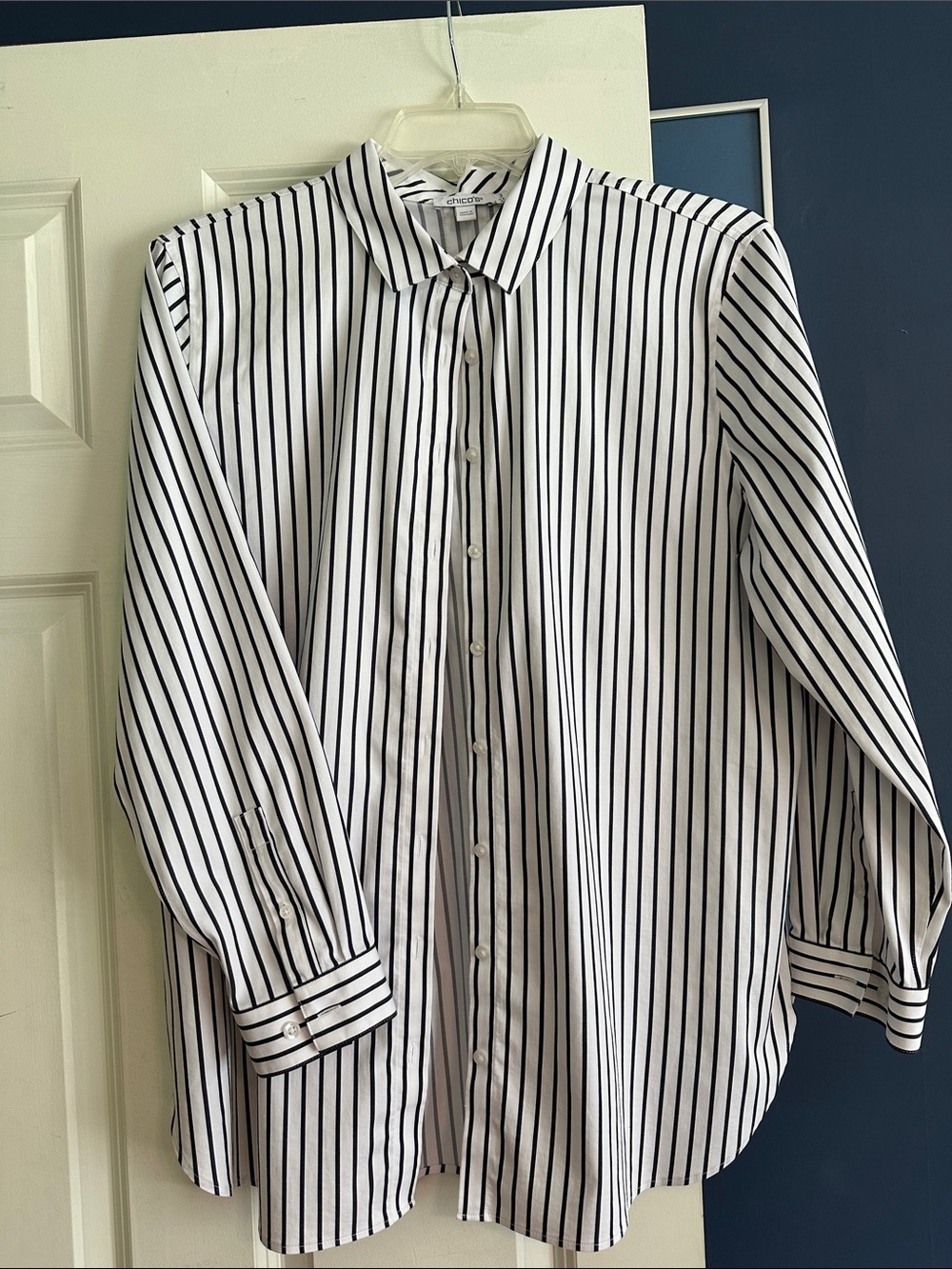 Chico's White Button-Up Tunic with Navy Pinstripes